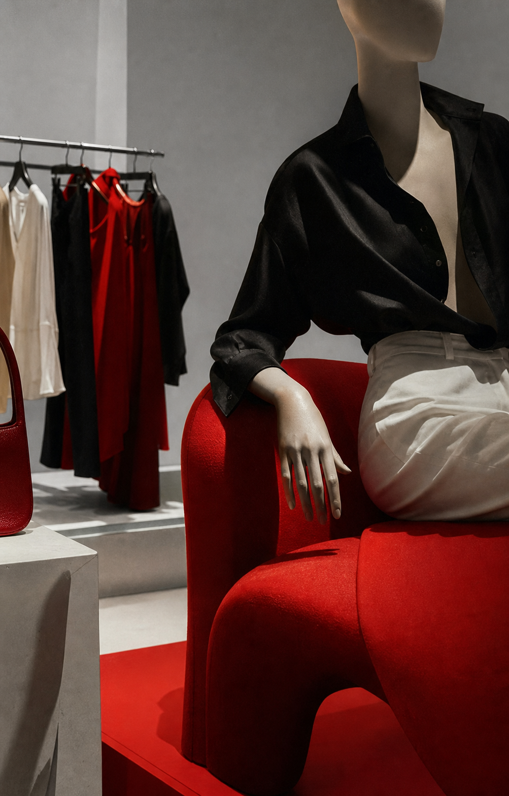 Hybrid fashion and visual merchandising editorial scene with a red accent